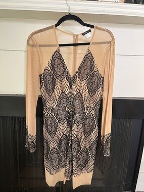 VENUS Nude Mesh Dress with Black Lace Medallions